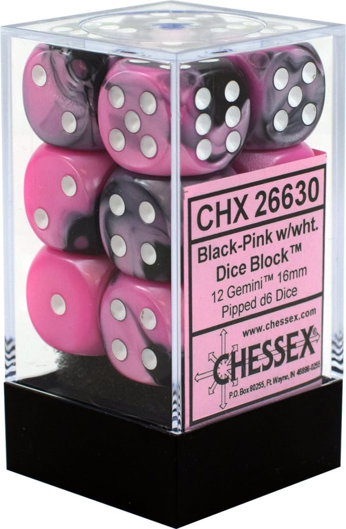 Chessex Gemini Black-Pink/white D6 16mm Dobbelsteen Set (12 stuks)