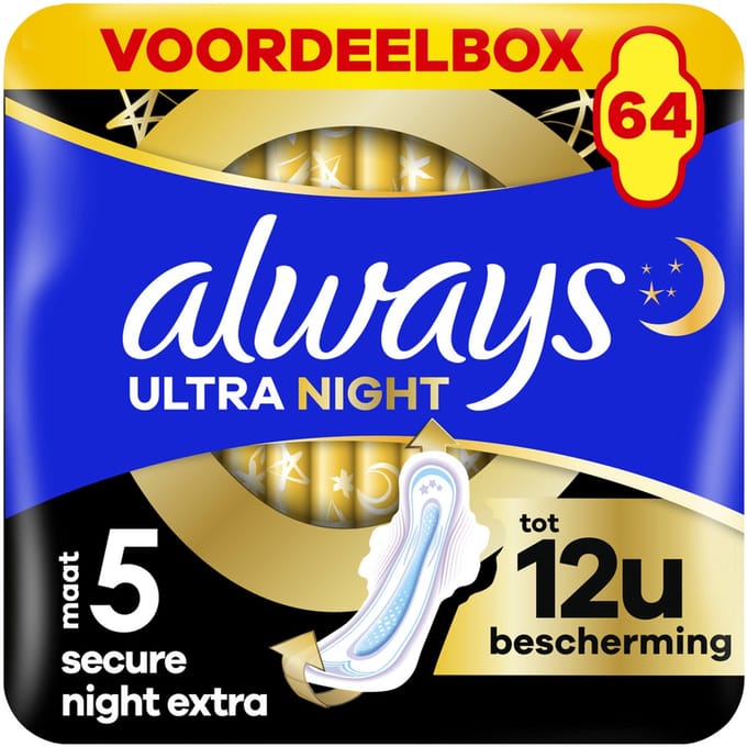Always Ultra Secure Night Extra - Maat 5 - Maandverband Met Vleugels - Voordeelbox 64 stuks