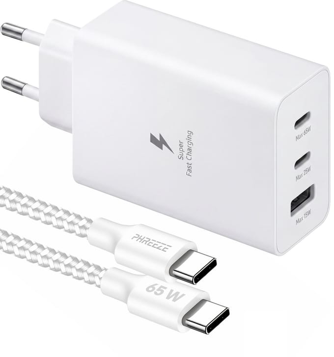 Snellader USB-C Oplader Set 1 Meter Nylon Wit - USB C naar USB C - 3 Poorten Oplaadstekker - Oplaadkabel USB-C - Lange Levensduur