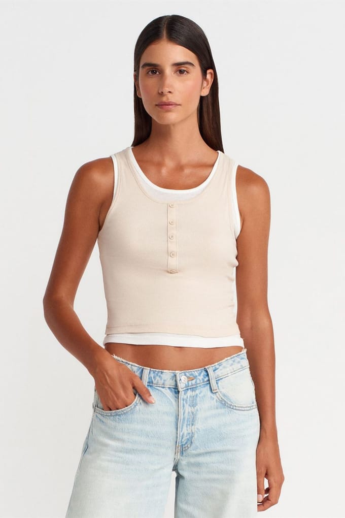Katoenen Geribbelde Mouwloze Knopenblouse