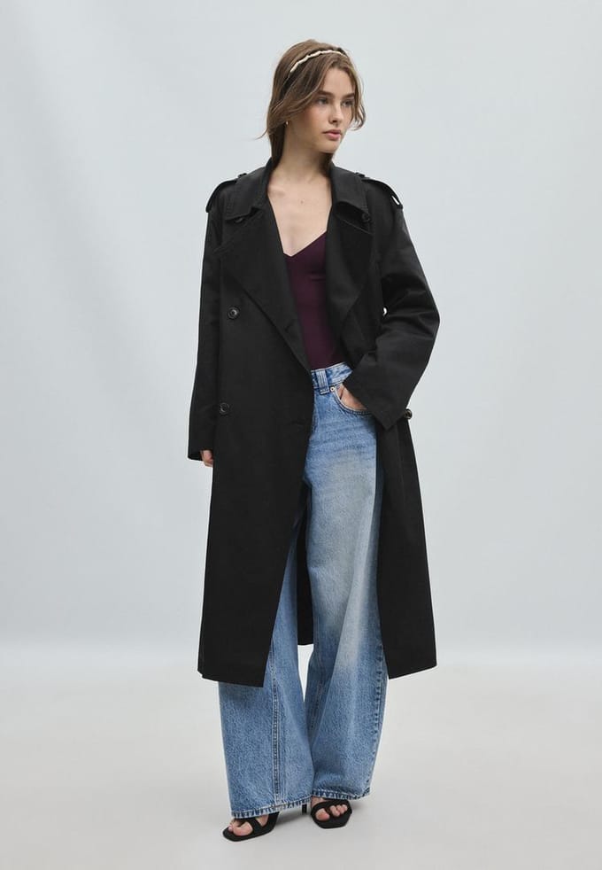 Stradivarius Lange basistrenchcoat  Zwart XS