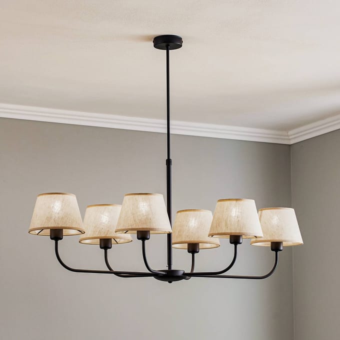 TK Lighting Chicago hanglamp - 6xE27, zwart metaal, linnen kap