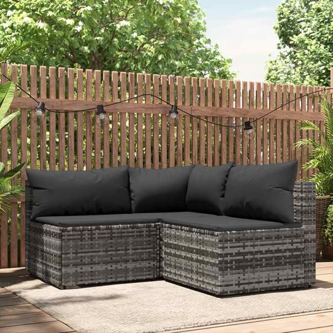 vidaXL - 3-delige - Loungeset - met - kussens - poly - rattan - grijs