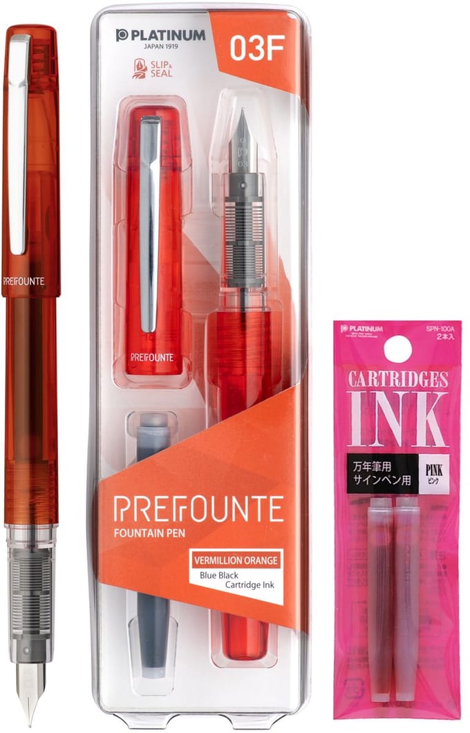Platinum - Prefounte Vulpen - Medium - Vermillion Orange - Met Roze vullingen