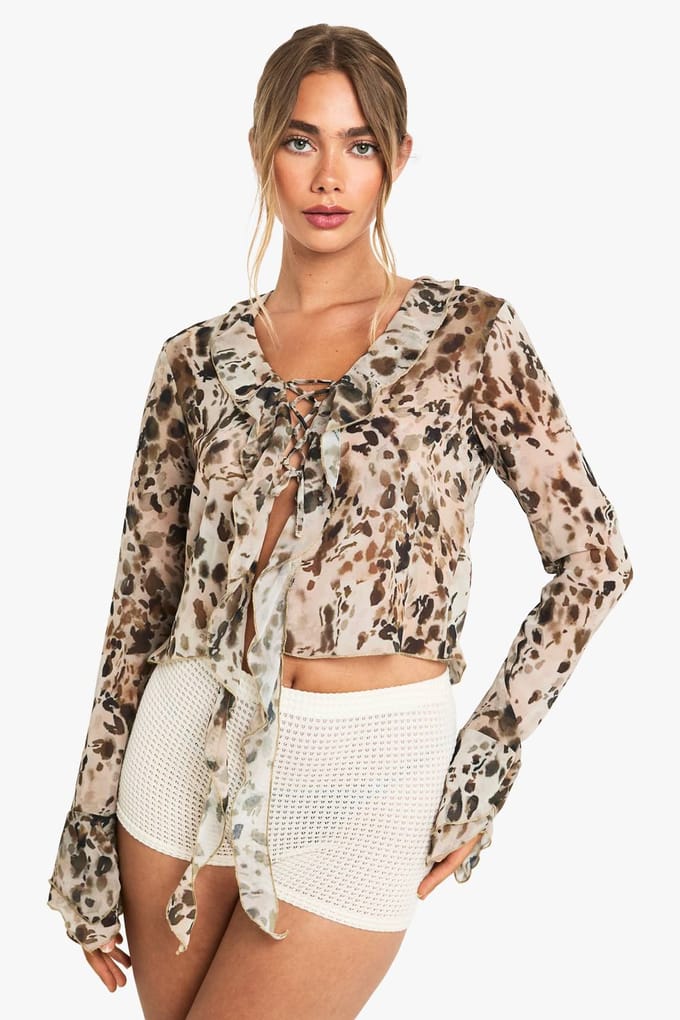 boohoo Dames Chiffon Tie Front Ruffle Blouse | Bruin | Maat: 34