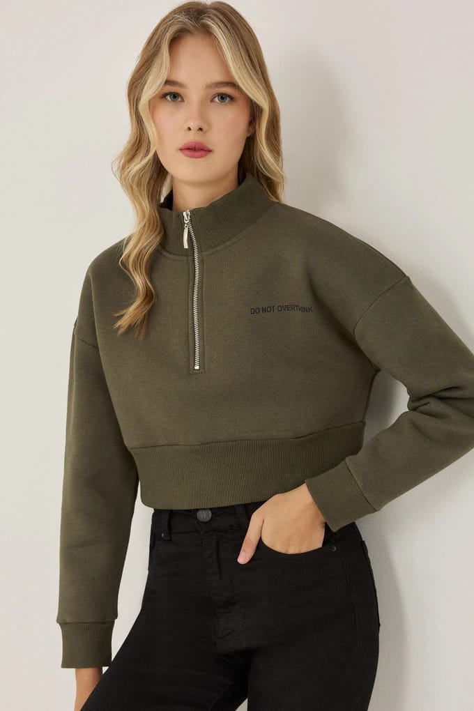 Ritskraag Cropped Slogan Sweatshirt