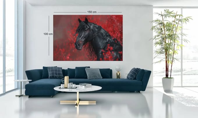 Canvas Schilderij - Zwart Paard met Rode Achtergrond - 90x60x2 cm