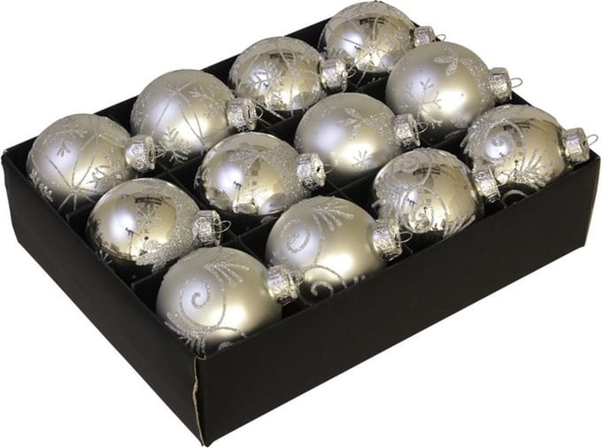 Othmar Decorations Luxe kerstballen - gedecoreerd - 12x st - zilver - D7,5 cm - glas - kerstversiering