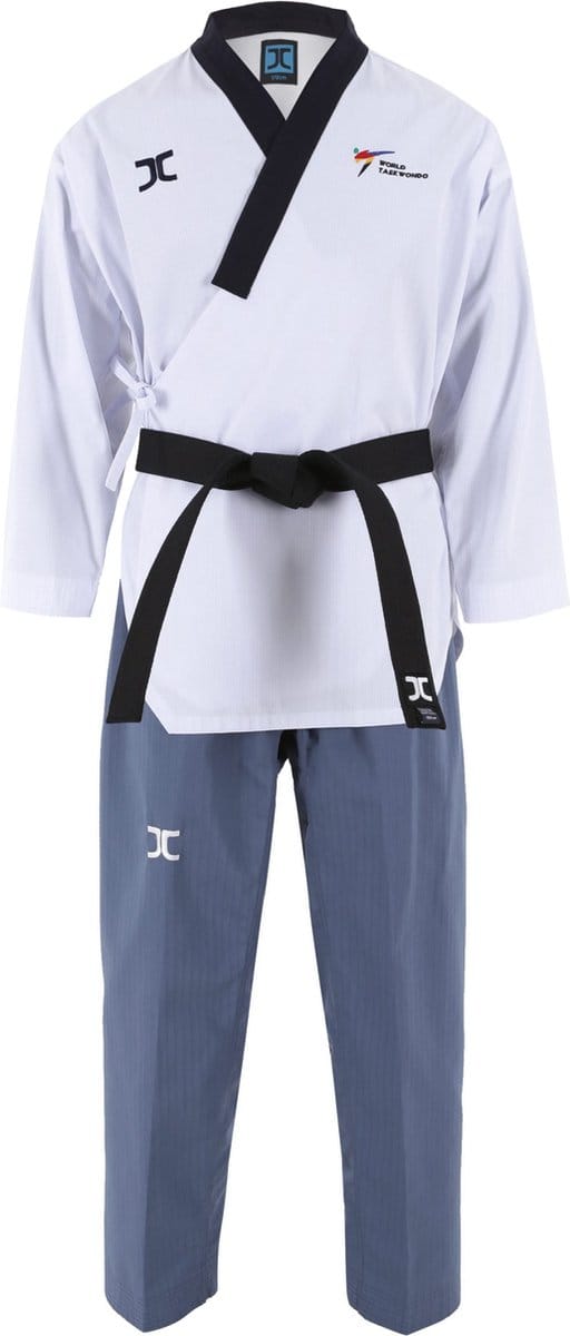 JCalicu poomsae dan taekwondopak voor dames | WT | Wit / Blauw (Maat: 210)
