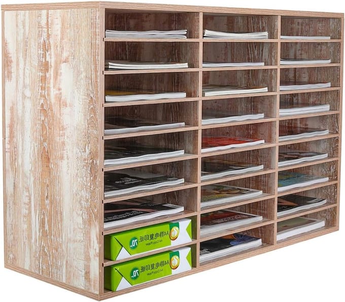 Houten Literatuur Organizer voor Kantoor en Thuis - Documenten Sorteren, 27 Compartimenten, Retro Witte Papieropslag en Posthouder