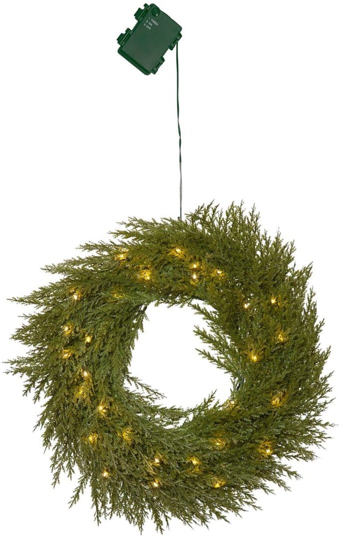 Star Trading Kunstkerstkrans 'Thuja' met batterijen + timer, groen, 30 LED's, warm wit, Ø 45cm