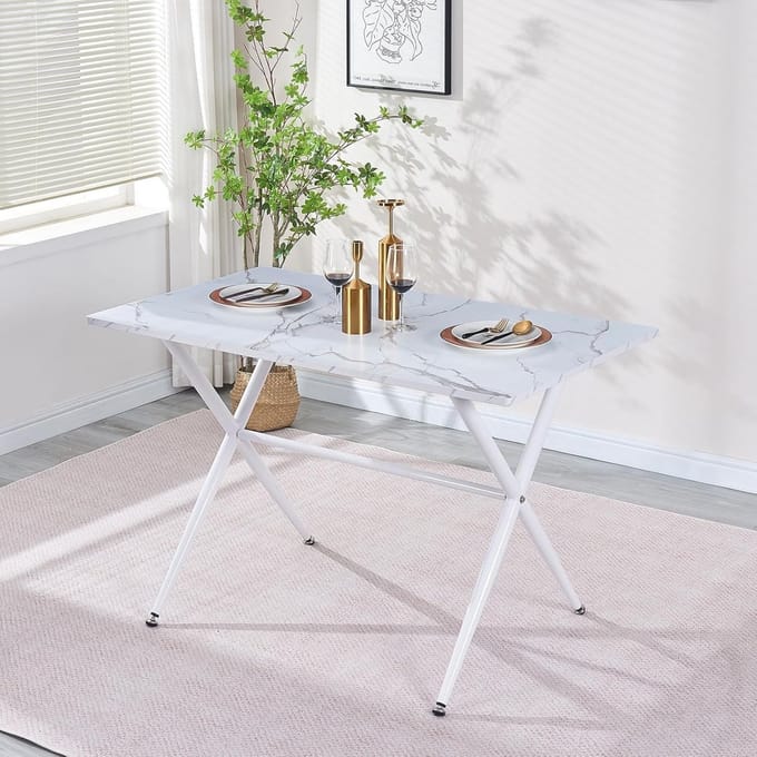 Eettafel Rechthoekig - Keukentafel Modern - Kleine Ruimte - Wit Marmer Look - 120x70x75 cm - Wit