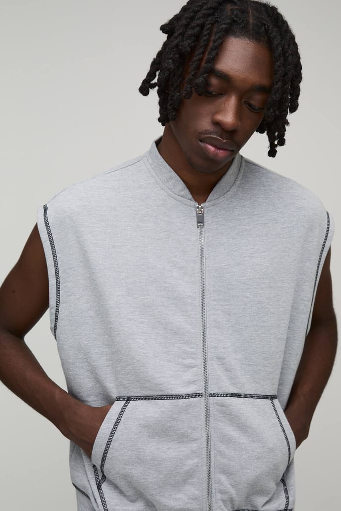 Oversized Boxy Loopback Mouwloos Ritssluiting Jersey Gilet En Jort Trainingspak | Grey Marl | Size Medium