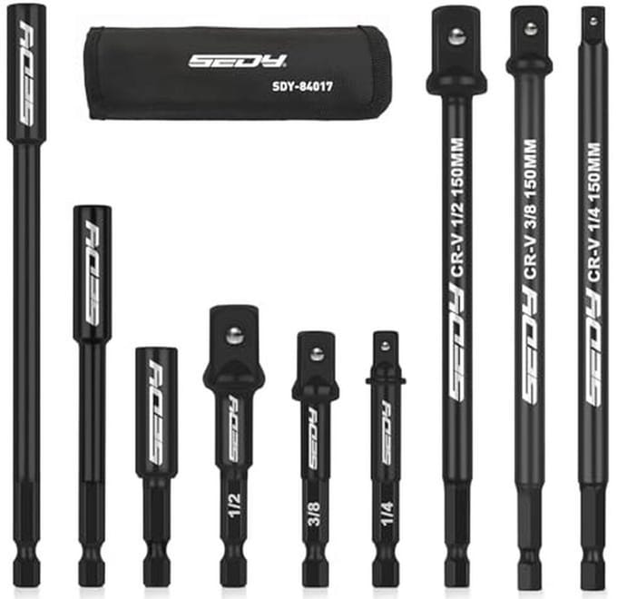Impact Driver Socket Adapter Set - 9-delige 1/2" 3/8" 1/4" Adapter Set voor Boor en Steeksleutel
