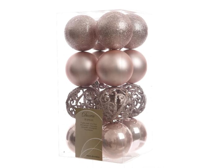 Decoris kerstballenset - 16 stuks - Poeder roze - Kunststof