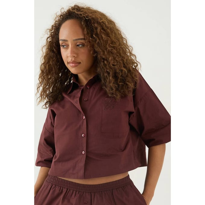 Dames Dsgn Studio Boxy Crop Poplin Overhemd | Chocolate | Maat: Medium