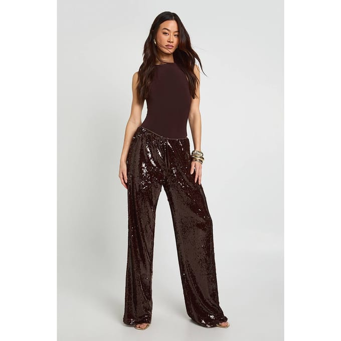 boohoo Dames Tall Lage Taille Trekkoord Tailleband Pailletten Broek | Espresso | Maat: 36