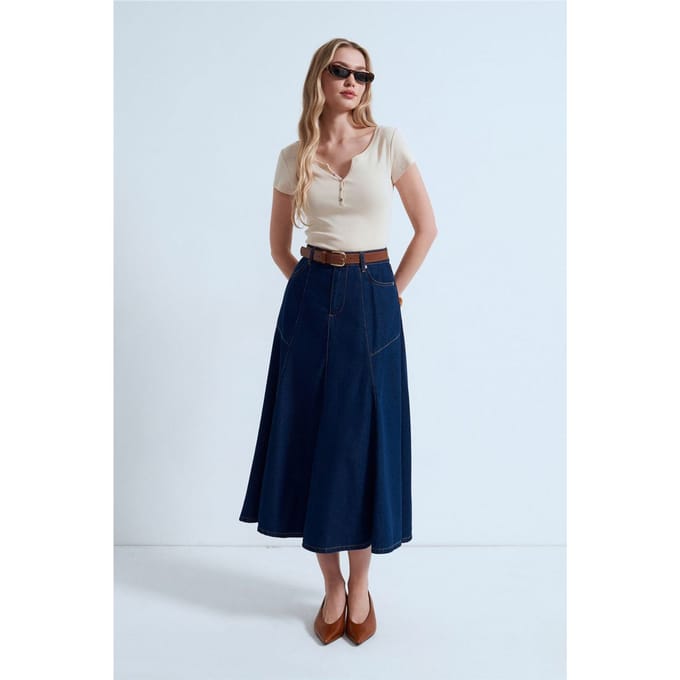 Hoge Taille Midi A-Lijn Denim Rok