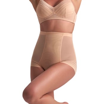 Bye Bra Powermesh High Waist Brief, hoge controle, dubbellaags voorpand, katoenen kruis, siliconen bandjes, corrigerende onderkleding voor dames, powermesh corrigerende onderkleding, beige, maat M
