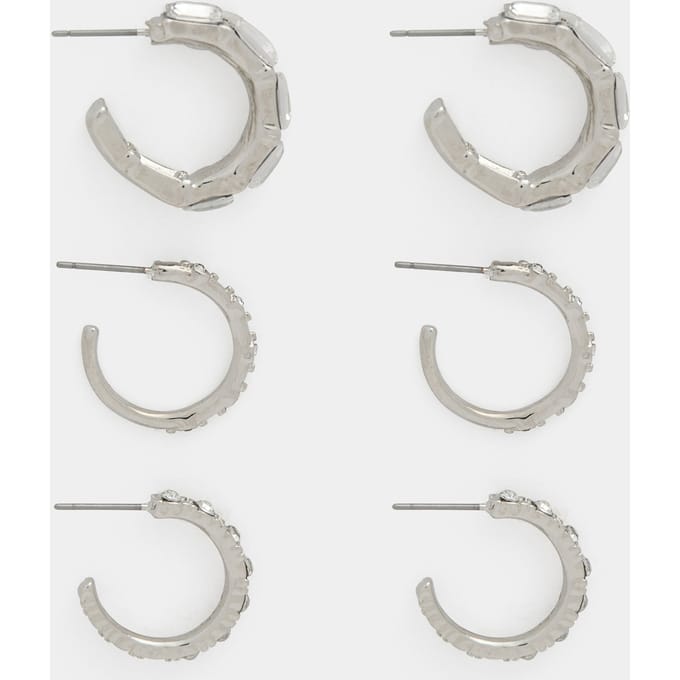 Yours Yourset 3Pack Zilverkleurige Diamante Versierde Hoepeloorbellensize One Size