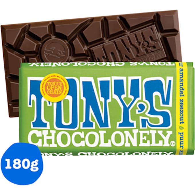 Chocolade Tony's Chocolonely puur amandel zeezout reep 180gr