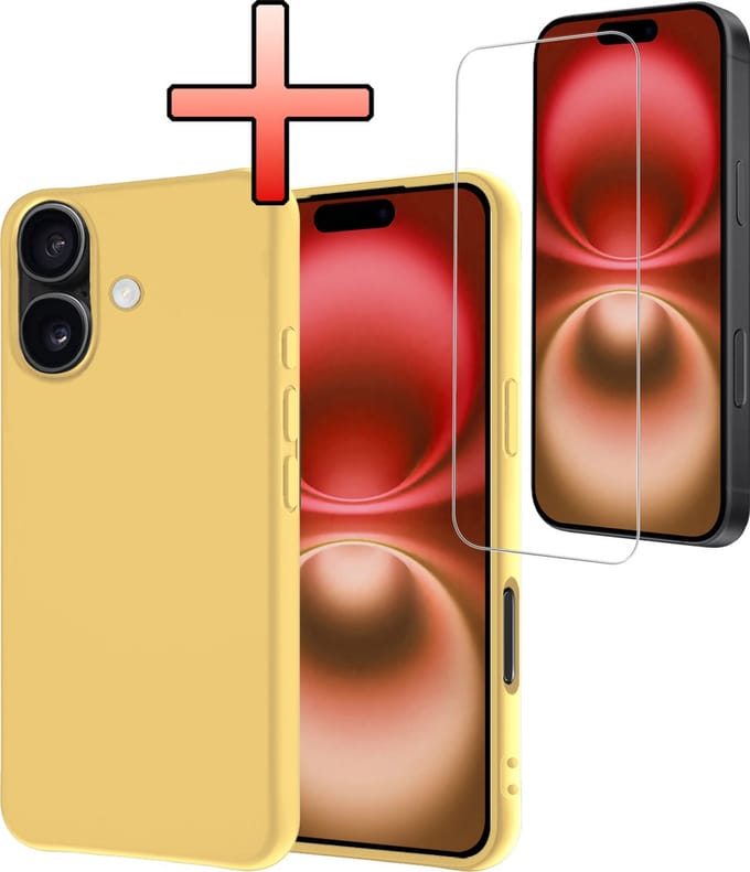 Hoesje - Met Screenprotector - Geschikt voor Apple iPhone 16 Plus - Sterk & Shockproof - Back Cover - Siliconen Case - Telefoon Hoes - Geel
