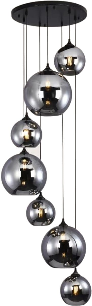 Lusenz Arcylon - Hanglamp hal hoog plafond - Zeven bollen - Smoke glas - E27 fitting - Dimbaar - Moderne hanglamp - Plafondlamp hal - Hoogte verstelbaar