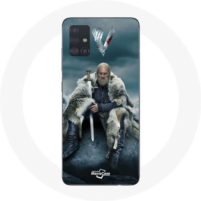 Coque pour Samsung Galaxy A71 Vikings Série Saison 6 Ragnar Lothbrok logo V Epée Gris Fond Brouillar