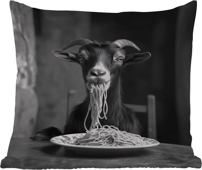 Tuinkussen - Geit - Bord - Spaghetti - Zwart Wit - 40x40 cm - Weerbestendig