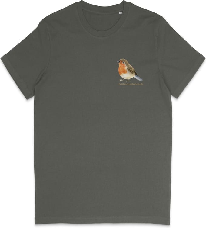 T Shirt Heren Print - T Shirt Dames Opdruk - Roodborstje - Vogelaar - Khaki Groen - S