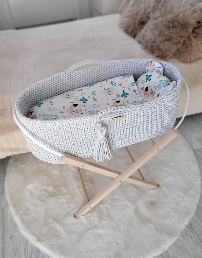 Moses mand BOHO Handgemaakt katoen met matras - lichtgrijs