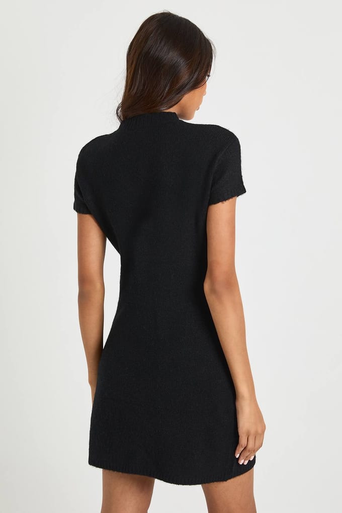 boohoo Dames Lang Hoge Hals Korte Mouw Gebreide Mini-Jurk | Black | Maat: Small