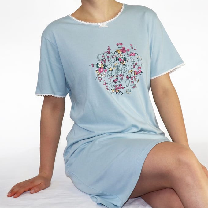 Tenderness Dames Nachthemd - Katoen - Korte Mouwen - Blauw - Maat S