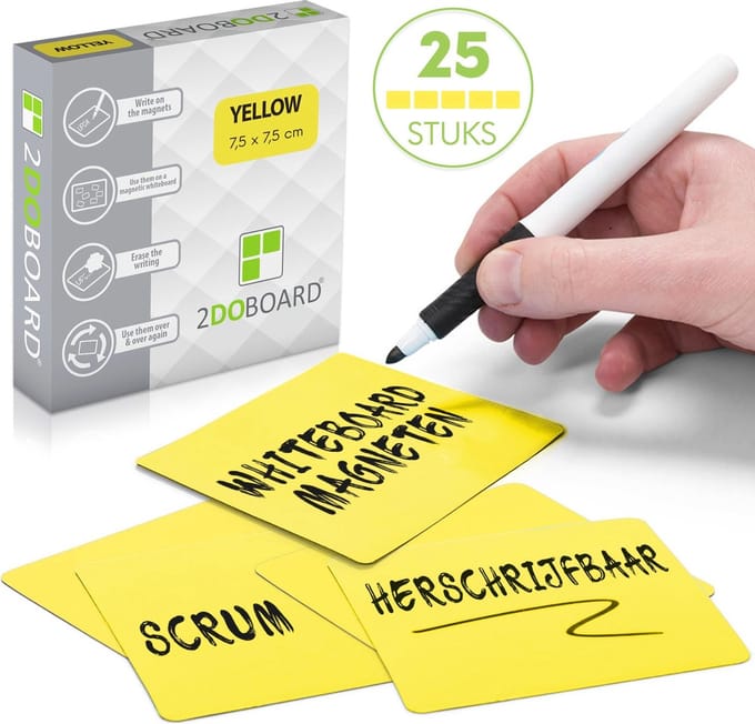 25 Scrum Whiteboard Magneten 7,5 x 7,5 cm (Geel) - Herschrijfbaar