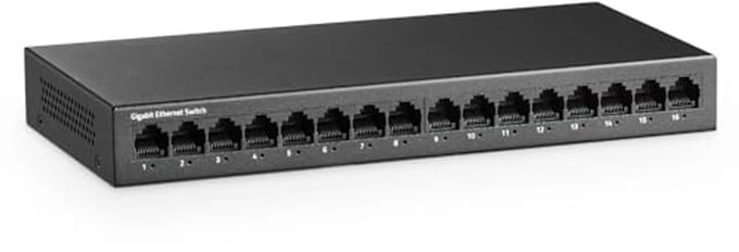 Gigabit Ethernet-switch 16 poorten - Ventilatorloze metalen rackmontage - Onbeheerde Plug and Play Netwerkswitch