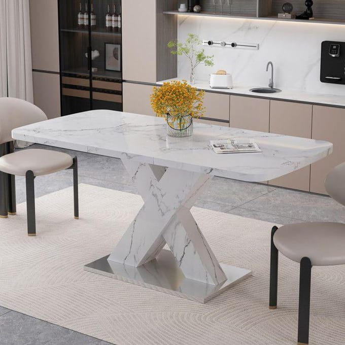 Uitschuifbare eettafel - MUVOE - Rechthoekig - Wit marmer - 6 personen - 160 cm wit