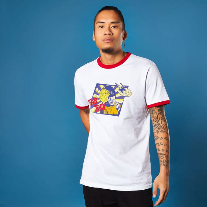 Retro Captain Kirk Star Trek T-shirt - White/ Red Ringer - XL