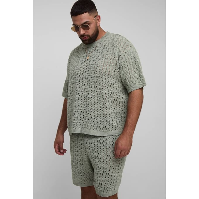 Plus Oversized Boxy Zig Zag Crochet T-Shirt & Short Set | Sage | Size 2XL