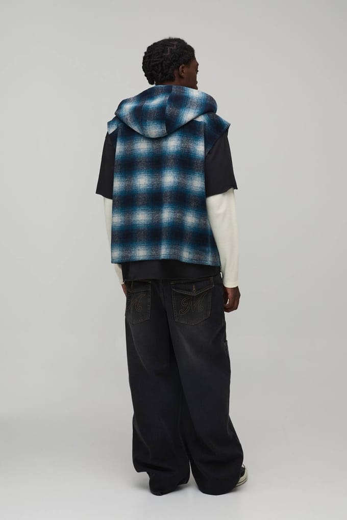 Oversized Brush Check Hooded Sleeveless Overshirt | Blue | Size Small