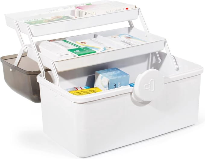 BORVAT Medicijndoos Groot – Huisapotheekbox met Meerdere Uitklapbare Vakken – Wit