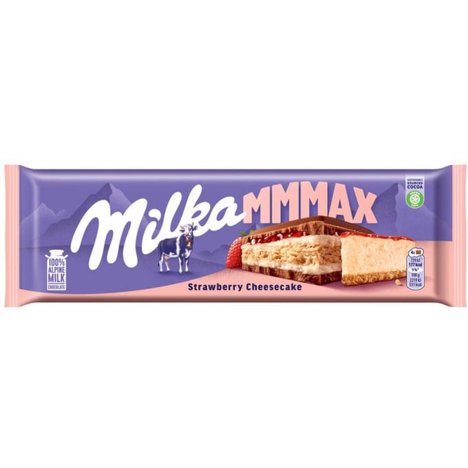 Milka Mmmax Koekje met cheesecakevulling en aardbeienvulling in melkchocolade 300 g