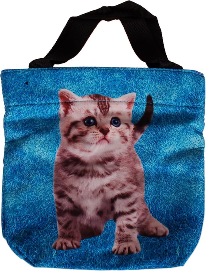 Schoudertasje/Handtasje blauw met gestreept kitten - 21x21cm