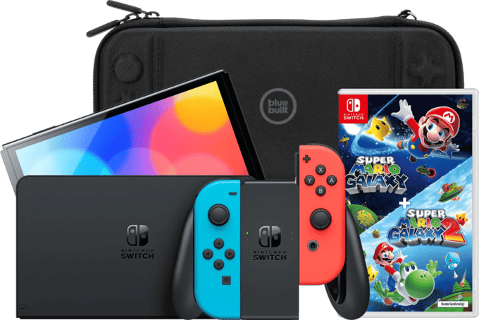Nintendo Switch OLED Blauw/Rood + Super Mario Galaxy 1+2 + BlueBuilt Beschermhoes