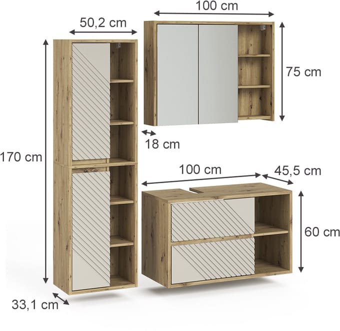 Vicco badkamermeubelset Viola, Artisanaal eiken, 3-delig