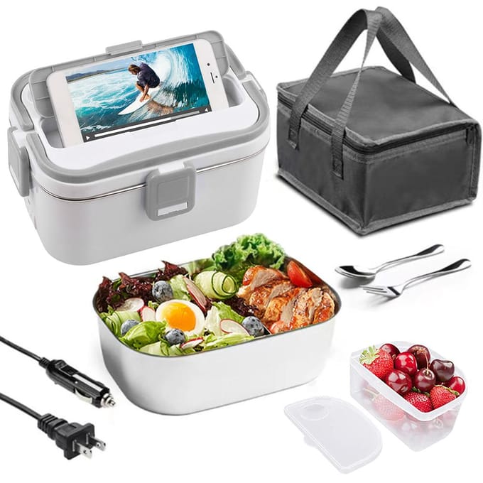 Verwarming Lunchbox 1,8L 60W Draagbaar Roestvrij staal 110/220V + 12V/24V Dubbele voedingsinterface UK Plug gray