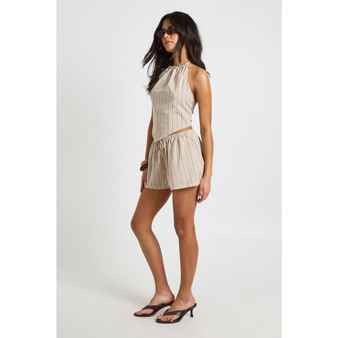 boohoo Dames Linnen-look Short Met Trekkoord In De Taille | Steen | Maat: 34