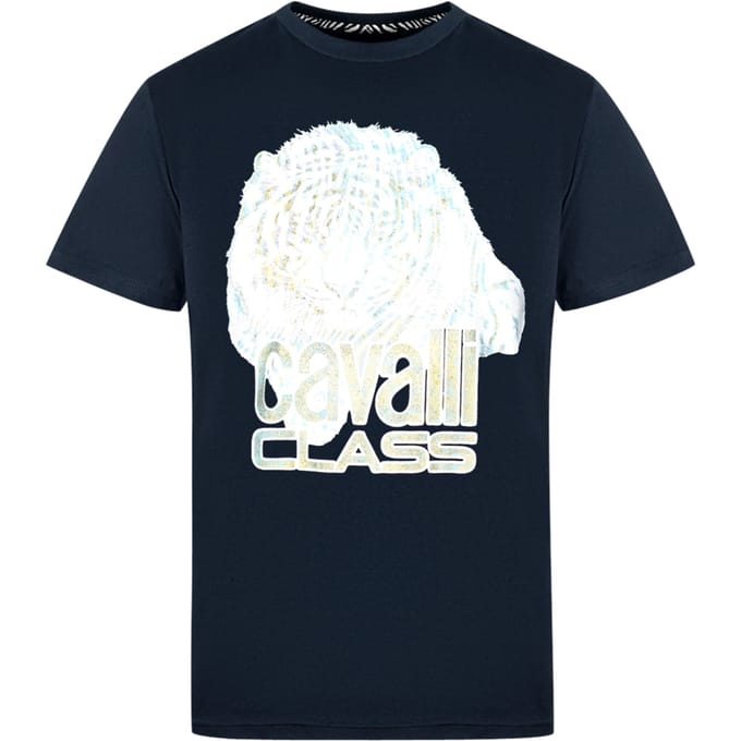 Cavalli Class Grote Tiger Logo Marineblauwe T-shirt