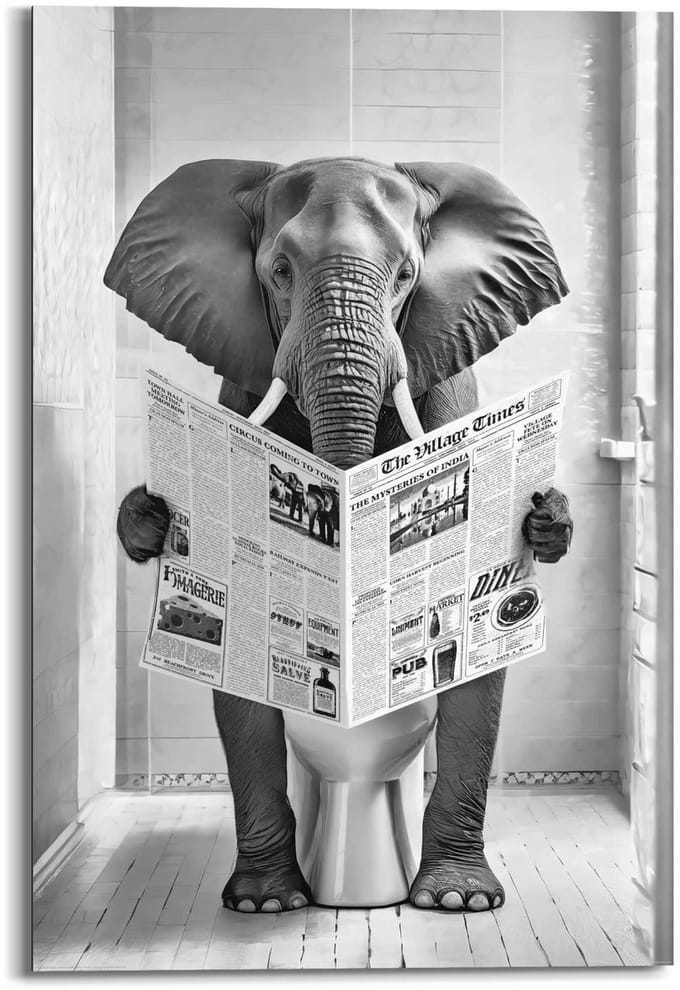 Schilderij Olifant op toilet - 90 x 60 - Hout - REINDERS