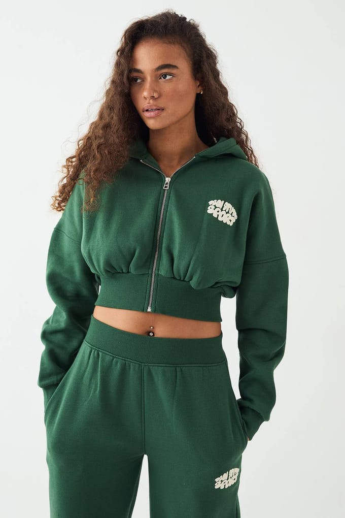 Dames DSGN Studio Sport Bubble Print Boxy Crop Ritshoodie | Forest | Maat: Large