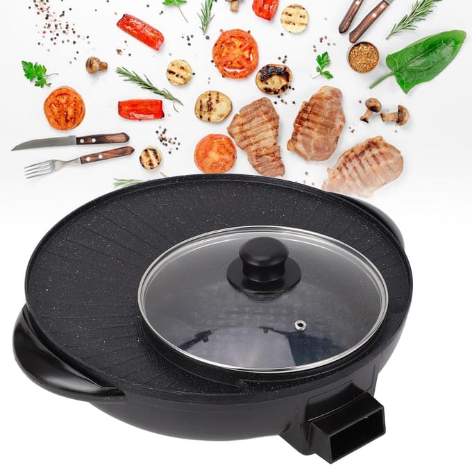 2 in 1 Anti-aanbak Elektrische Grill & Hot Pot met Glazen Deksel gray